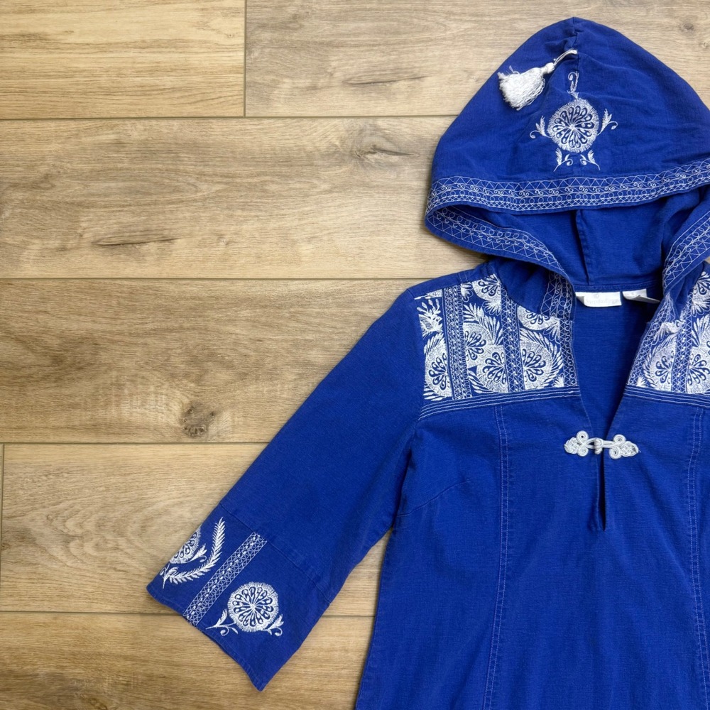 Soft Surroundings Blue Embroidered Hooded Beach Maxi Dress Small Linen Blend - Picture 2 of 14